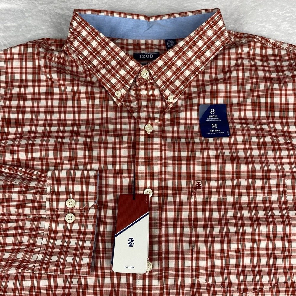 IZOD Advantage Poplin Shirt Mens 3XL Burnt Orange Plaid Regular Fit No Iron NWT!